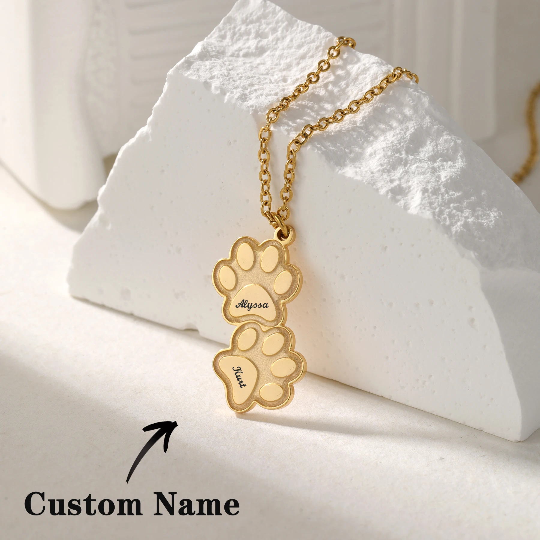 

Personalized Dog Paws Necklace Engrave Pet Name On Paw Pad Interlocking Acid Wash Steel Pet Lover Memorial Jewelry