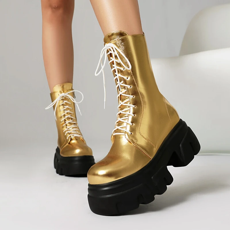 REAVE CAT 8cm Heel 5.5cm Platform Mortorcycle Boots Midcalf Autumn Strap Up Antislip Shoes Big Size 41 42 43 44