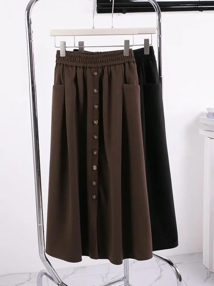 

Korean Black Single Breasted Vacation Pleated Skirt Women's 2024 Autumn Winter Brown Elegant High Waist Plus Size Long Skirt New