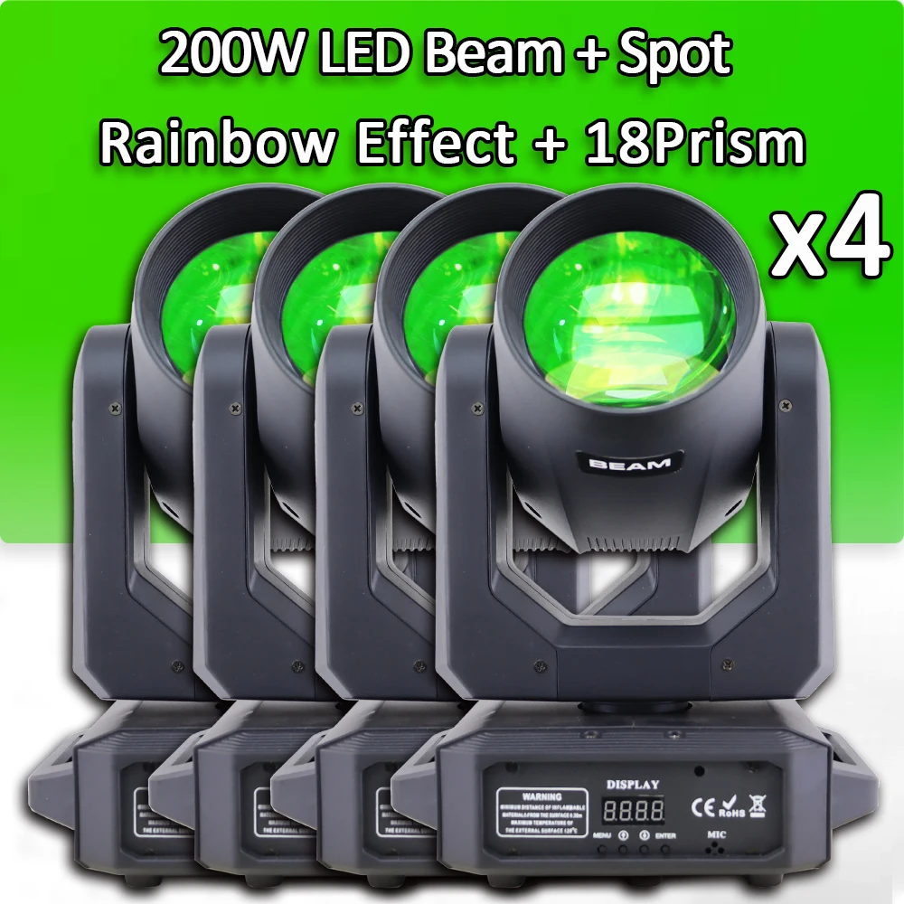 4Pcs/Lot LED 200w Beam Spot Moving Head 18 Prisms Wedding Holiday Party Stage Effect Lighting Dj Disco Gobo Strobe Lamp