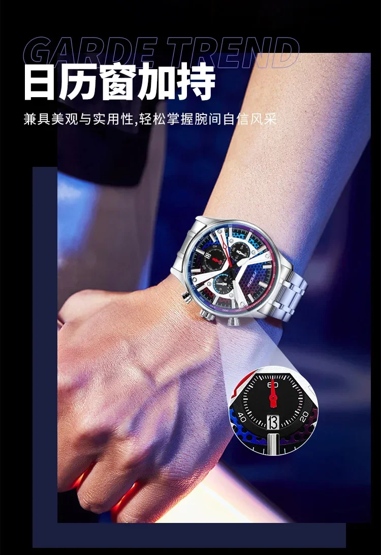 2025 ساعة رجالية متوهجة ليلية متعددة الوظائف ثلاث عيون ستة إبرة غير ميكانيكية ساعة رجالية 9868