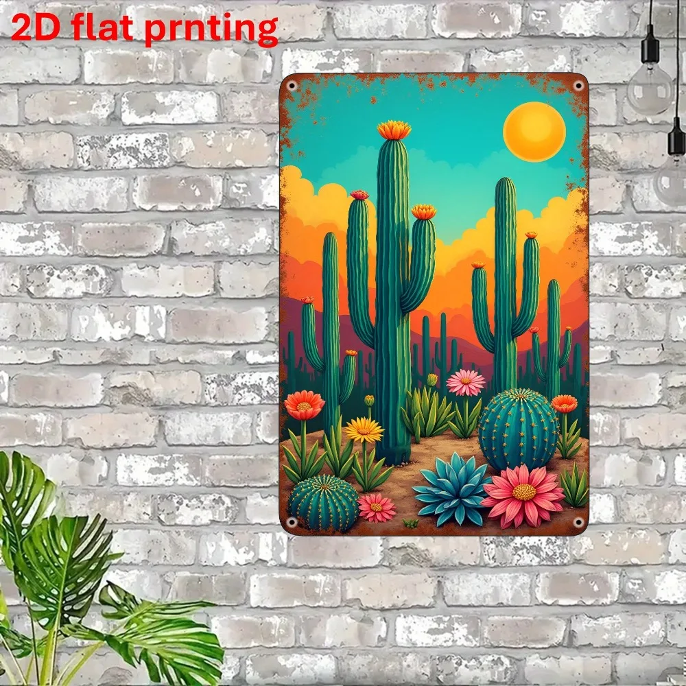 Vintage Desert Cactus Floral Metal Sign Iron 8x12 Inch 2D Flat Wall Decor for Home Bar Cafe Garage