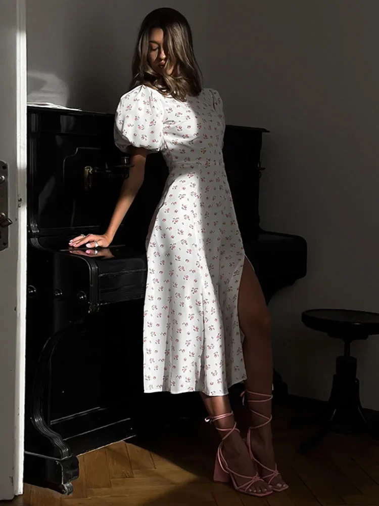 Printed Backless Slit Long Dress Women's Summer Round Neck Puff Sleeve High Waist Color Block Casual Elegant Long Dress