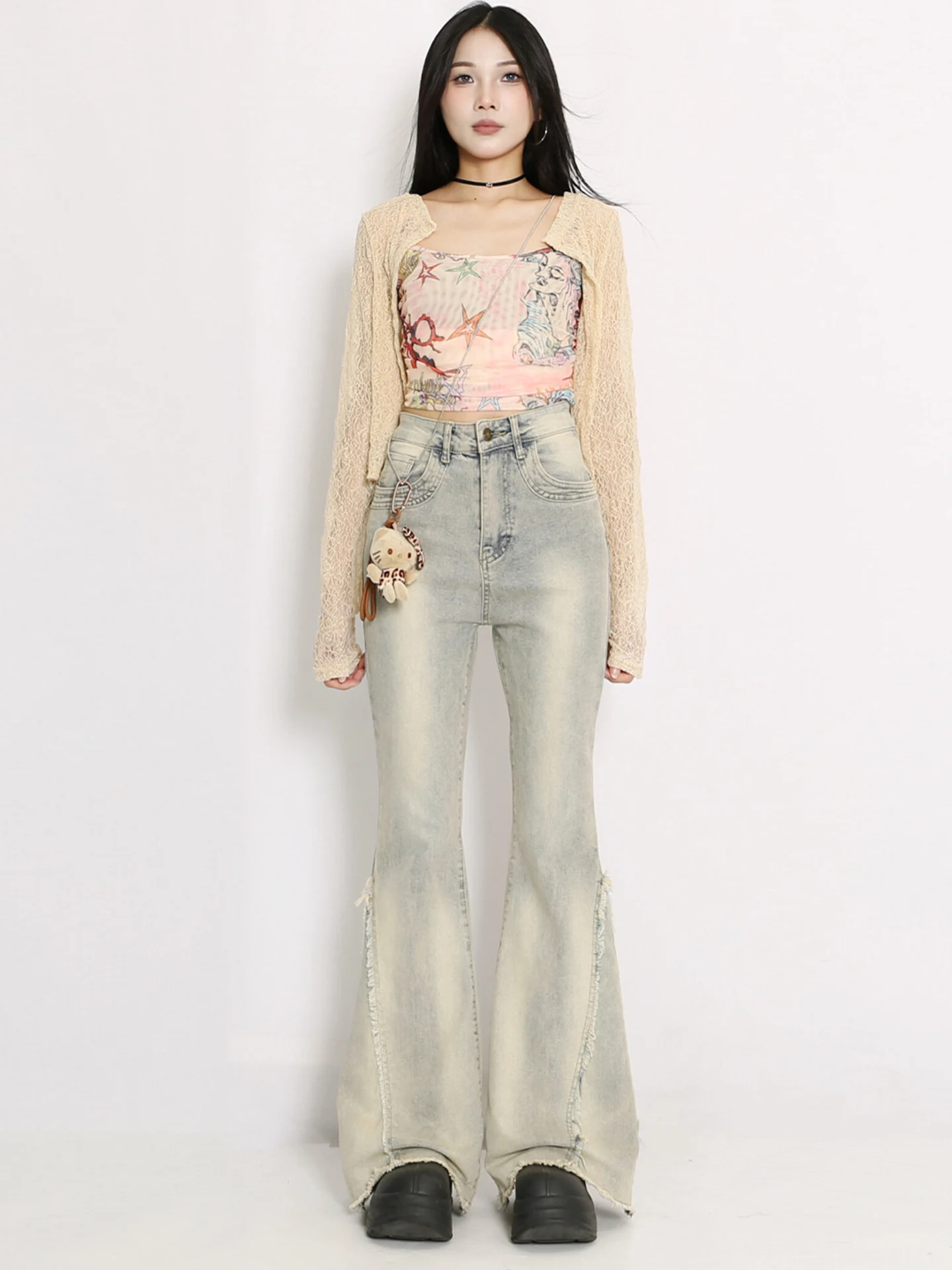 

Retro High Waist Bell Bot Denim Jeans Women's Distred Wa Slimming Long Trousers Fall Season Casual Wear Blue