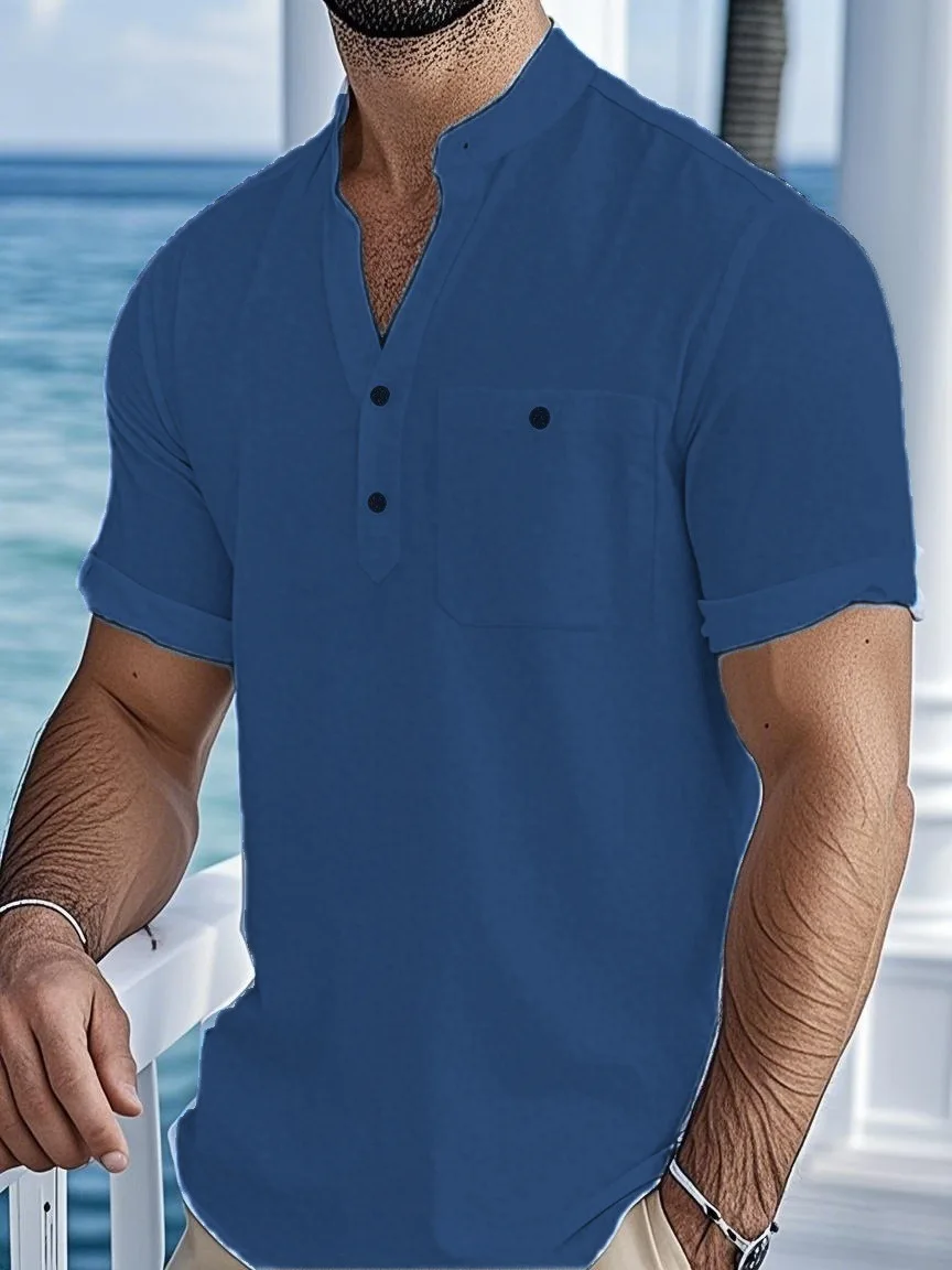 New Shirt Men's Henry Collar Pocket Casual Beach Short-Sleeved Solid Color Men's Top T-Shirt Retro Streetwear