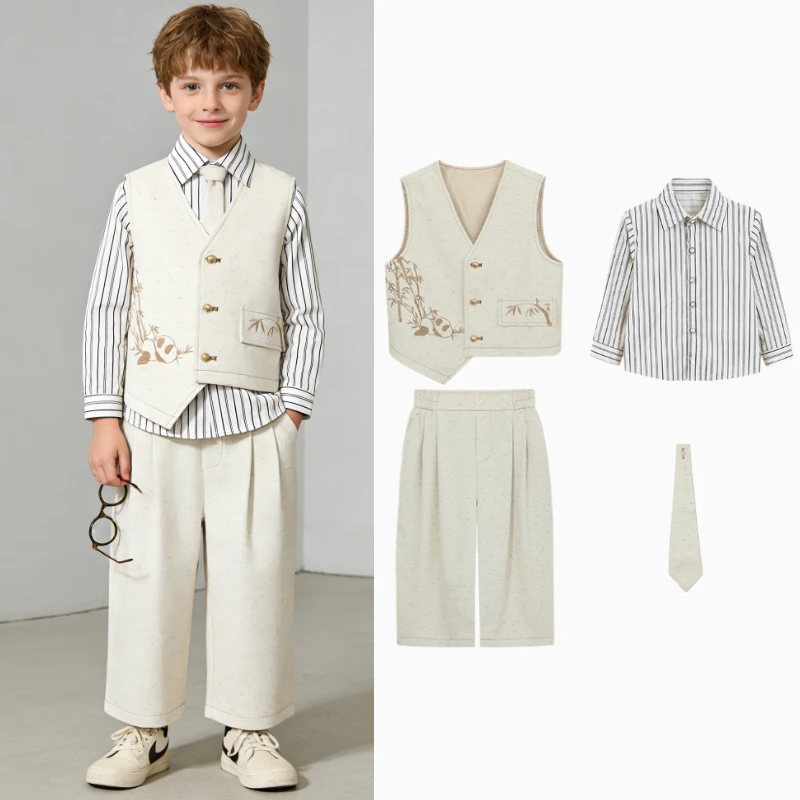 

Boys Chinese Style Suit Set Bamboo & Panda Embroidery Vest + Shirt + Pants Kids Formal Outfit for Wedding, Party & Performance