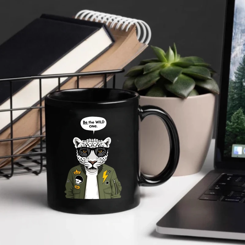 Black ceramic mug with a leopard in a jacket and the words 