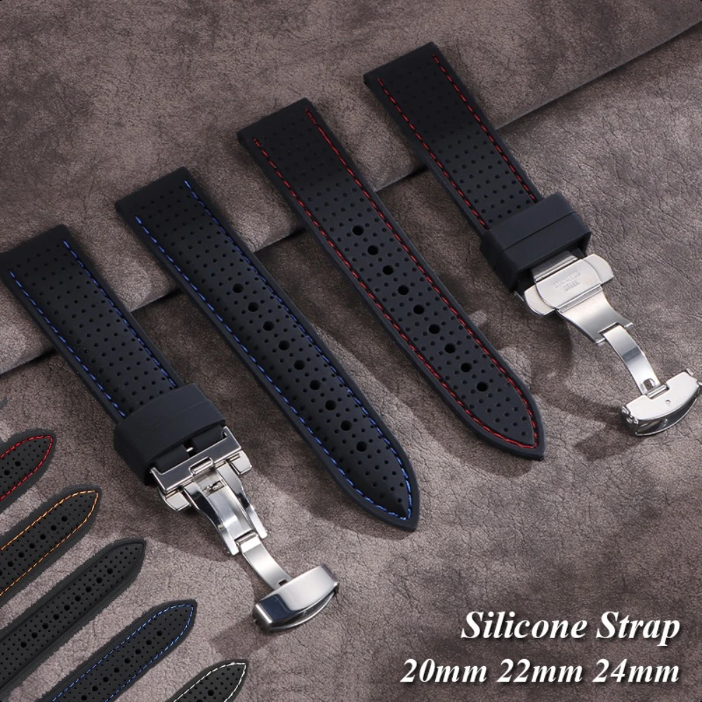 Atmungsaktives Silikon-Uhrenarmband, wasserdicht, weiches Gummi-Uhrenarmband, 20 mm, 22 mm, 24 mm, Damen und Herren, universelles Ersatz-Uhrenarmband