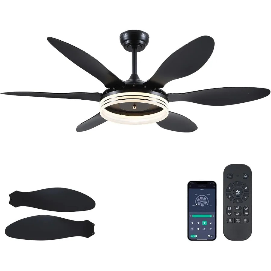 

Modern Indoor Ceiling Fan with Integrated Light in Black 6 Blades Reversible Design 6 Speeds Adjustable Remote Control 3CCT Dim