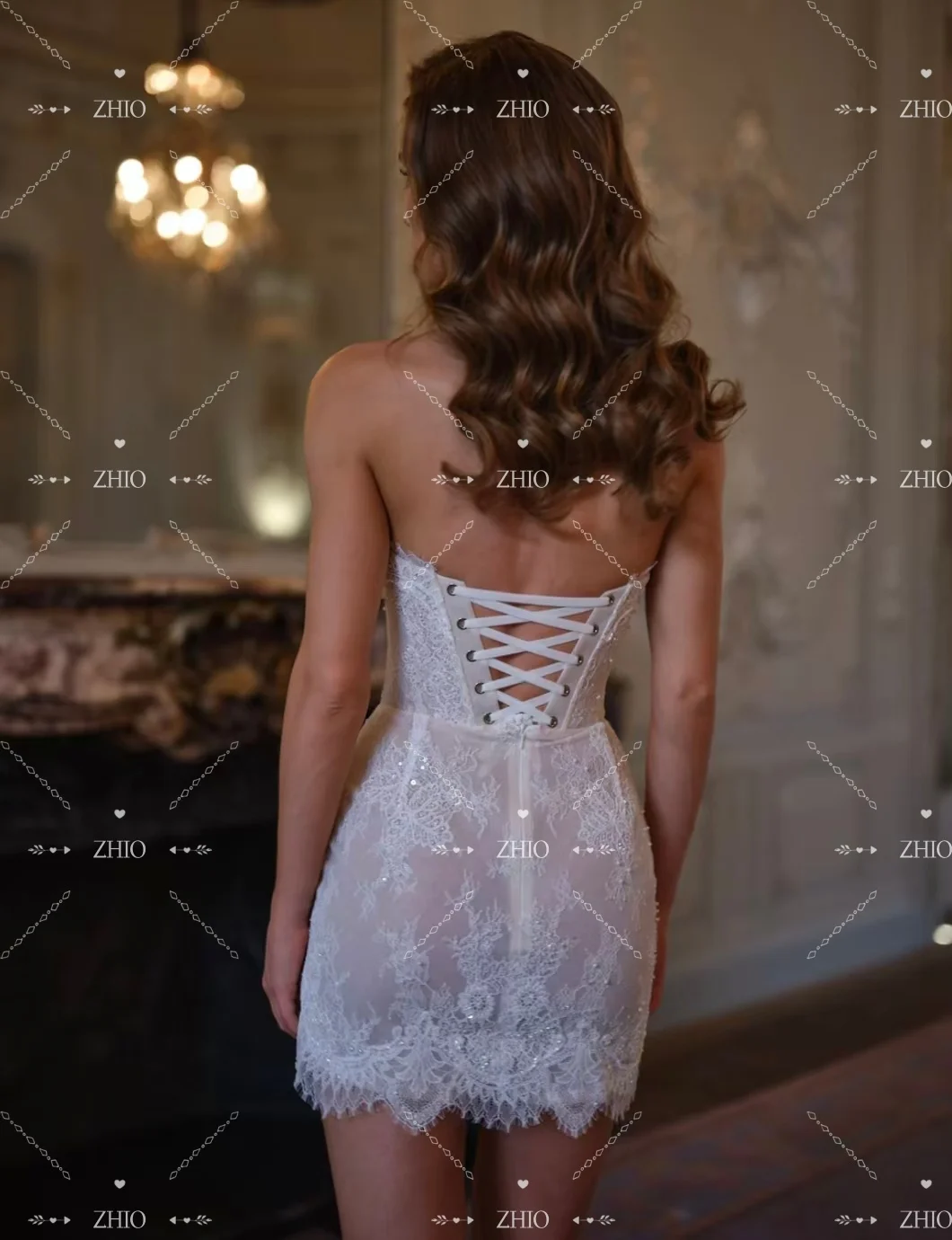 ZHIO Classic Mini Wedding Party Dress Strapless Sheath Lace Woman After Party Prom Gown for Bride Customized vestidos de novia