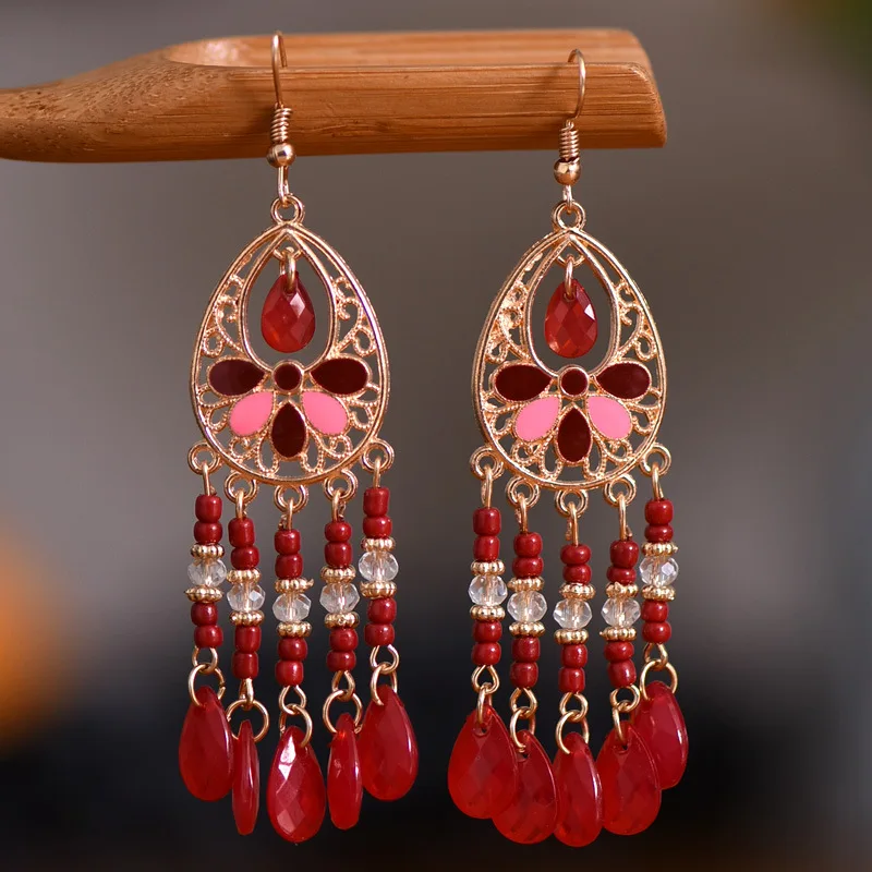 Vintage ethnische lange Tropfen Öl Blume Perlen Quaste Ohrringe für Frauen Boho Gold Farbe hohle Acryl Wasser Tropfen baumeln Ohrringe – Detail 9