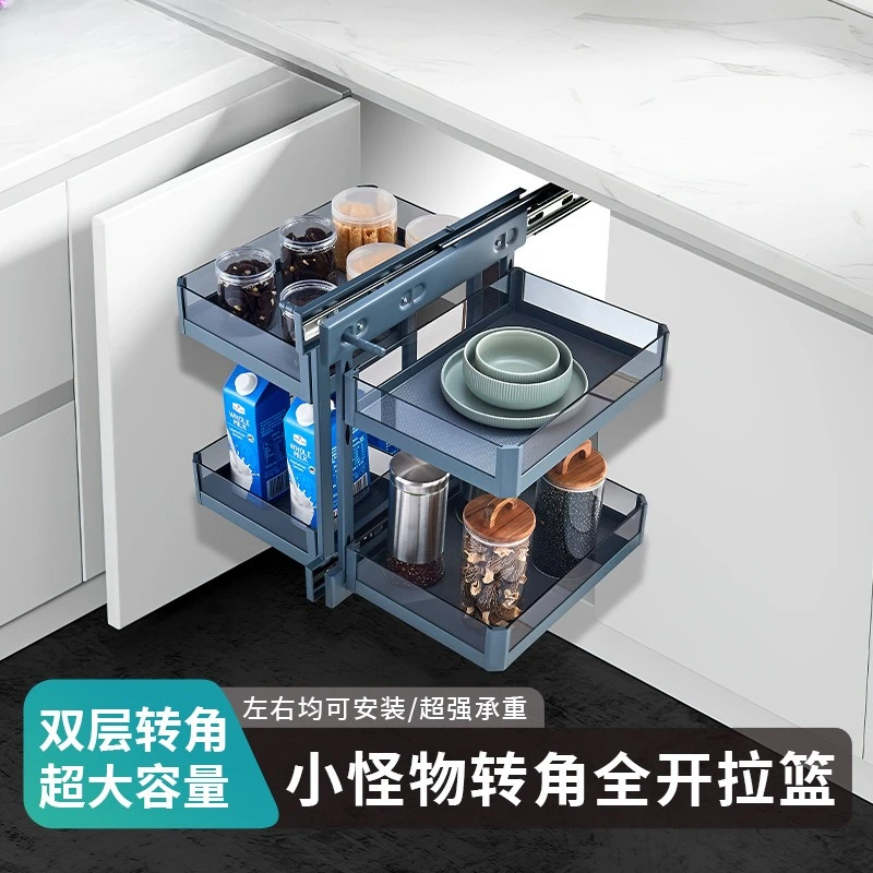 Kitchen cabinets are fully pulled out corner storage drawers and seasoning shelves