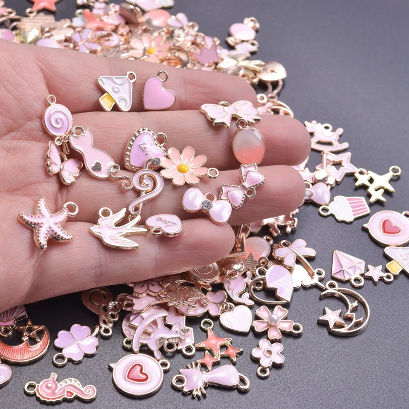 Random Mix 10/30/50pcs Kawaii Pink Sweet Enamel Charms Drop Oil Alloy Pendant Diy Bracelet Craft Jewelry Making Finding Material