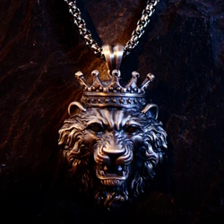 Domineering Crown Lion Pendant Necklace for Men Women's Long Chain Lion Head Animal Necklace Hip Hop Jewelry Accessories Gifts