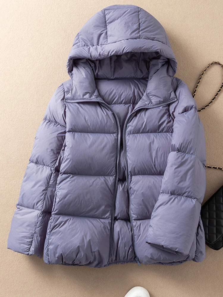 Autumn New Light Hooded Warm Down Jacket Women 90% White Duck Down Soft Fit Coat Casual Bread Solid Color Short Outwear