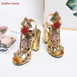 Gold Print Rose Sandals Summer New Arrival Rhinestones Thin High Heel Round Toe Ankle Strap Buckle Model Women's Shoes Designer
