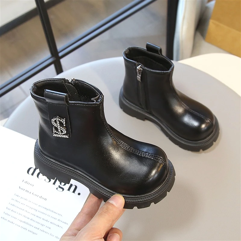 Winter Girls Fashion Ankle Boots New Fashion Classic Plush Pu Leather Zip Kids Casual Shoes Design Non-slip Childrens Snow Boots