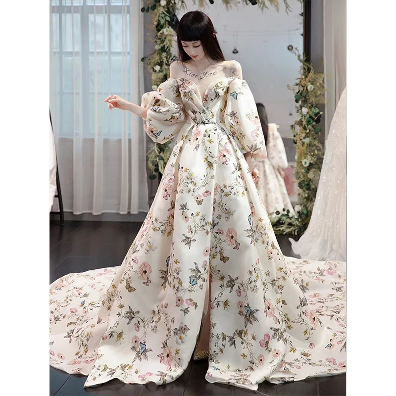 

Sexy Off-shoulder Puff Sleeve Wedding Dress Women Floral And Butterfly Print Long Tailing Party Dress Toast Clothing