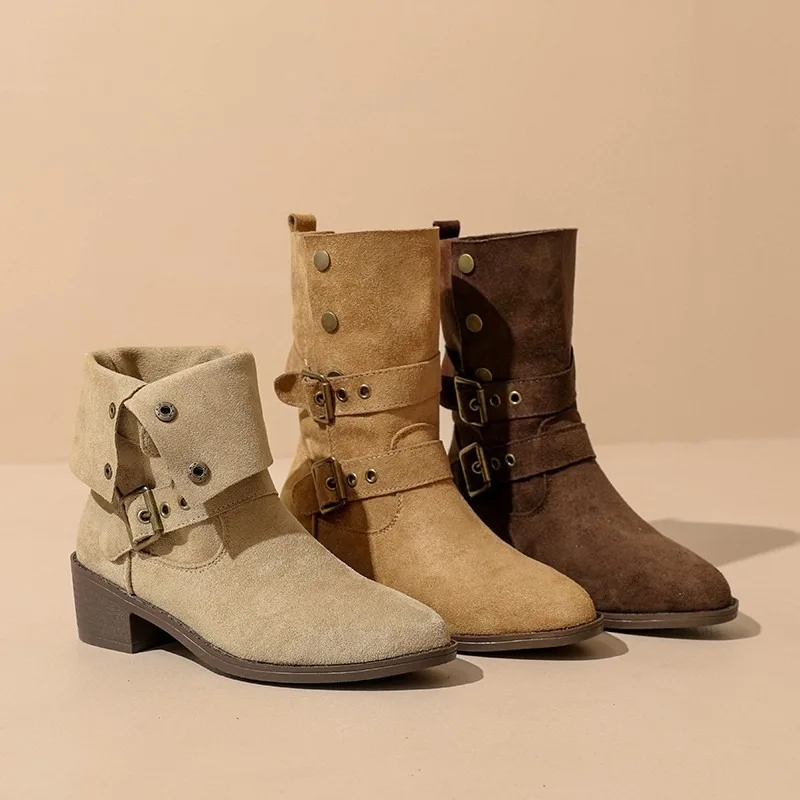 

Block Heel Single Boots Fall New Pointed Toe Suede Studded Metal Buckle Soft Slip Booties