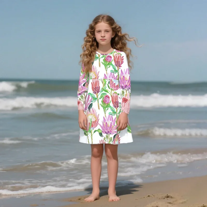 

2025 Girls' Long Sleeve Dress with Vibrant Emperor Prints - Beach Vacation & Casual Fashion Kids Clothing