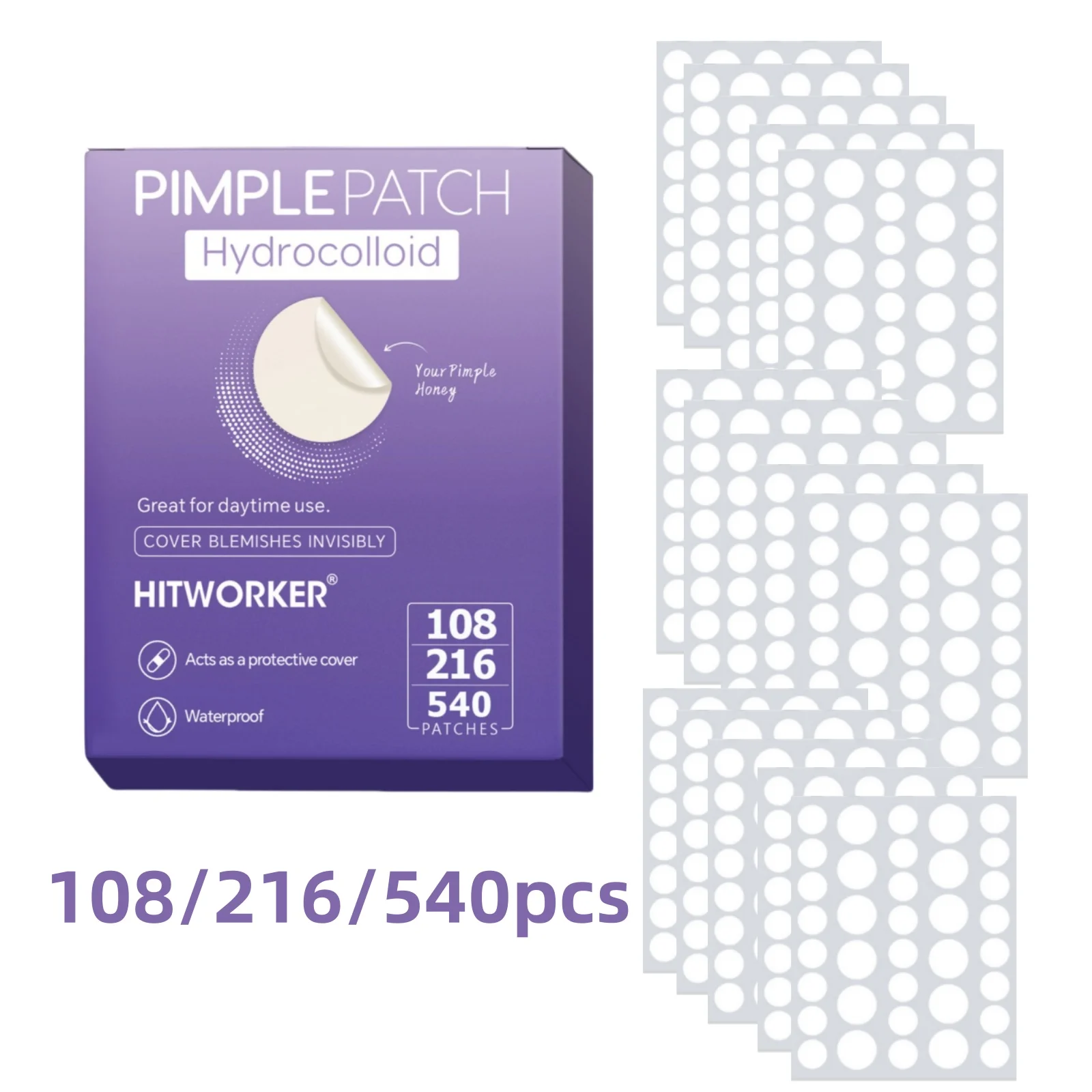 

108/216/540 Pcs HITWORKER Skin-Tone Acne Patches – Breathable Protection, Round Transparent Design, Suitable for Daily Makeup