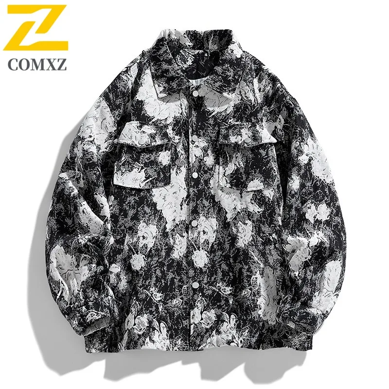 

COMXZ American Vintage Streetwear High Street Oil Painting Texture Full Print Coat Men Autumn Lapel Jacket Trend Student Top