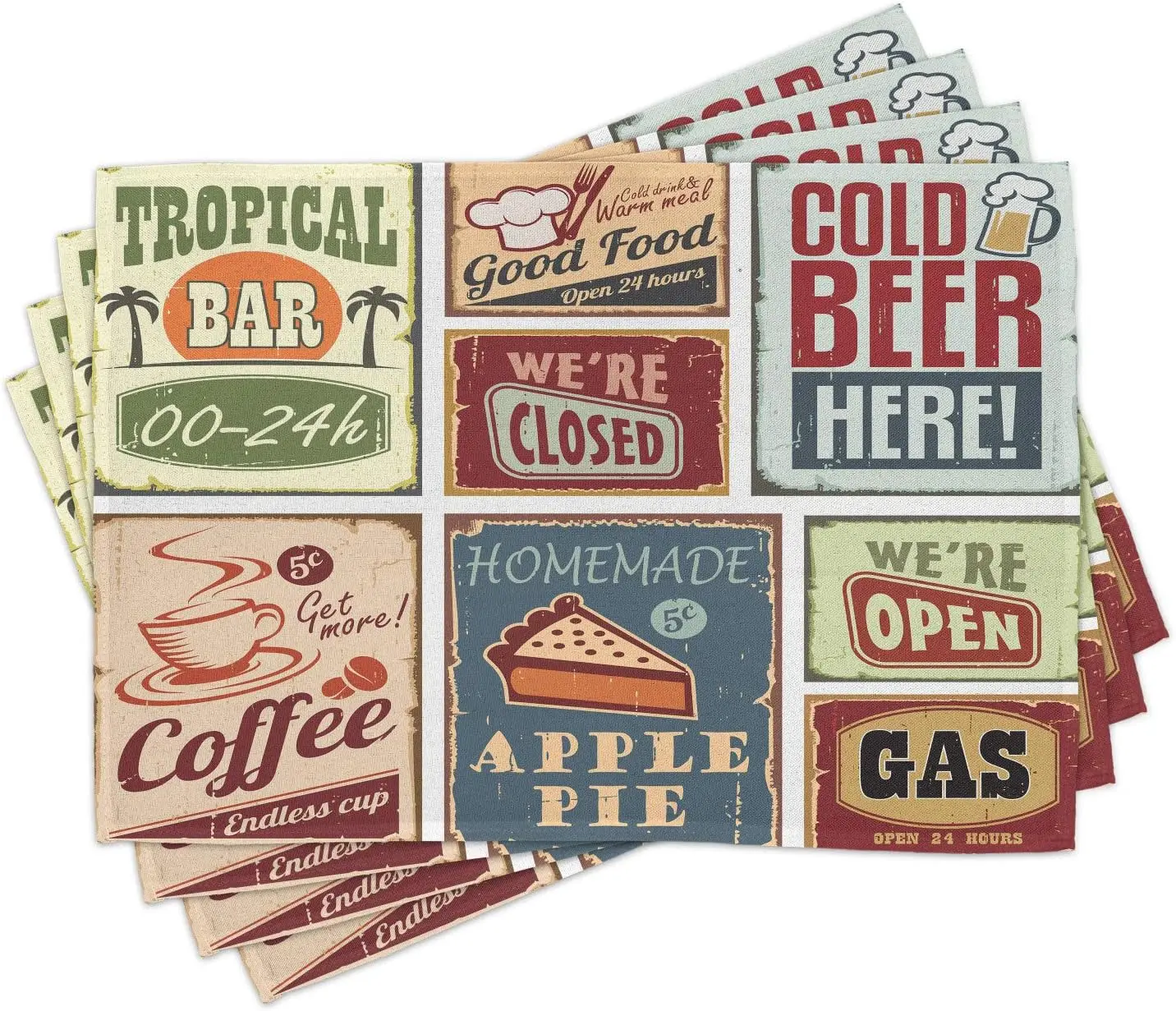 1950s Place Mats Set of 4 Vintage Style Signs Bar Coffee Drink Tropical Washable Fabric Placemats for Dining Table 12x18 Inch