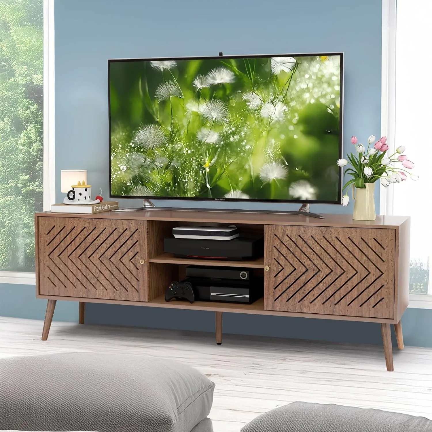 

TV Stand with Shelf and Cabinet Storage 2 Sliding Doors for 60 70 Inch TV,Walnut