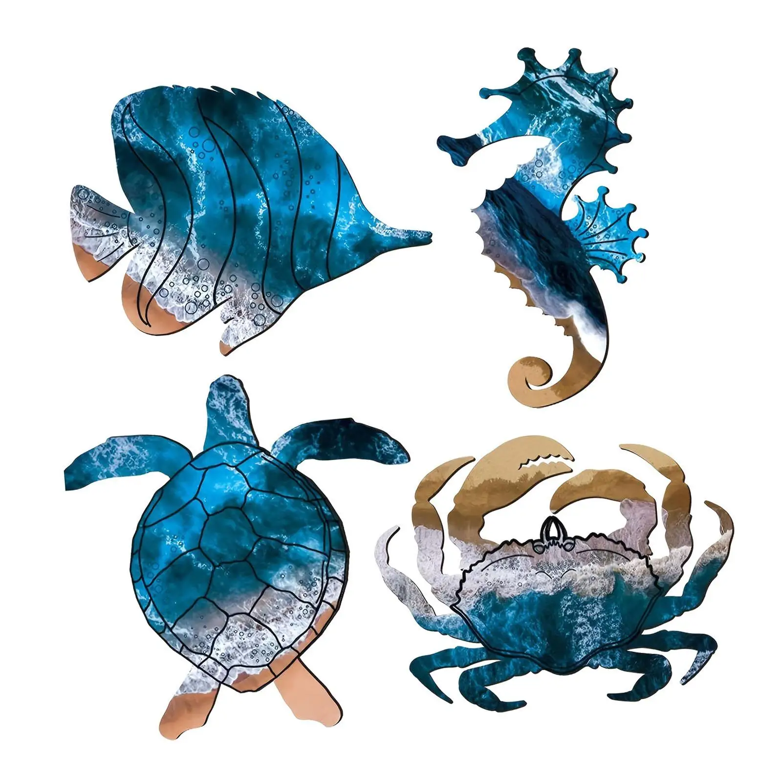 4 Piece Sea Turtle Crab Fish Coastal Decor Set Dining Room Cafe
