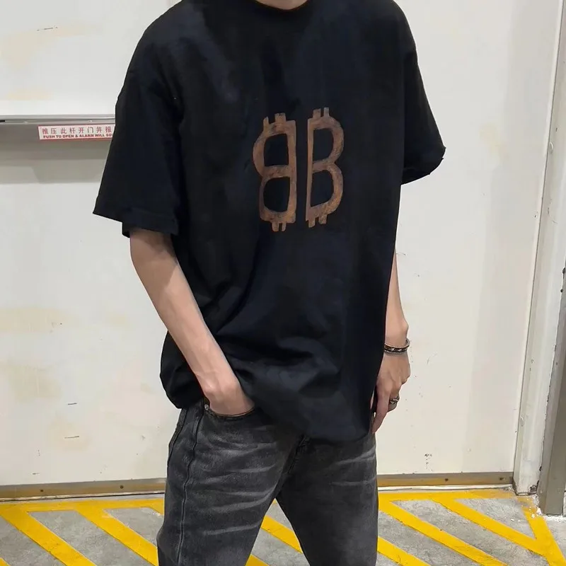 

Europe and The United States Street Hip Hop High Street Wind Letter Double B Round Neck Men and Women Couples Summer T-shirt