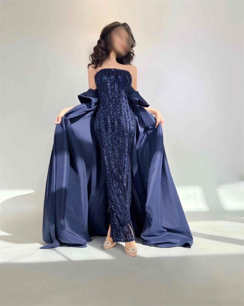Navy Blue Sequins Satin Trumpet Evening Dresses with Train Off Shoulder Ankle-Length Formal Dress for Juniors A-Line vestidos