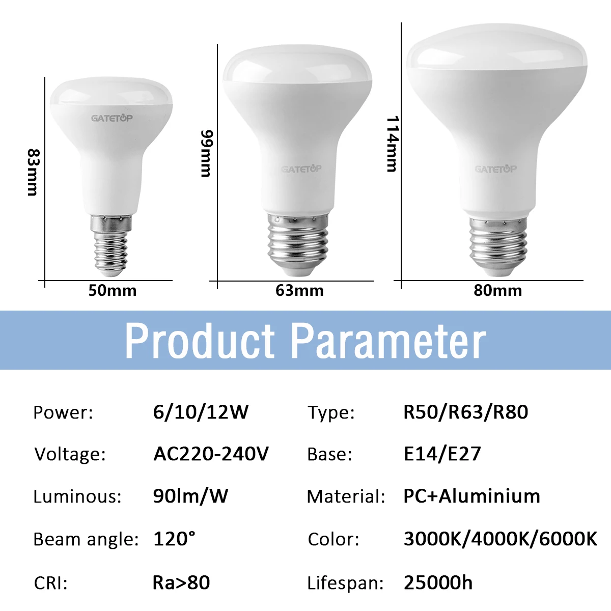 1-10Pack E14 E27 R Bulb bathroom light R50 R63 R80 6W 10W 12W Hight Lumen 3000K 4000K 6000K Natural light for bathroom home