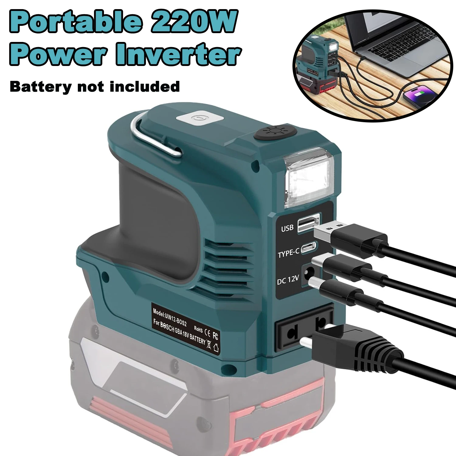 200 W Power Inverter for Makita/Bosch/DW/Milwaukee 18 V Battery AC 220 V Outlet USB QC3.0 PD Fast Charger Outdoor