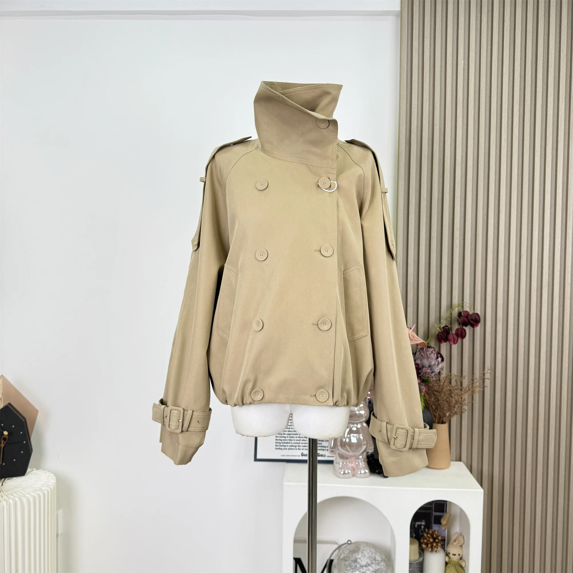 

Autumn Cool Oversized Khaki Jacket Coat Women Stand Collar Double Breasted Loose Casual Korean Fashion Clothes High Quality F105