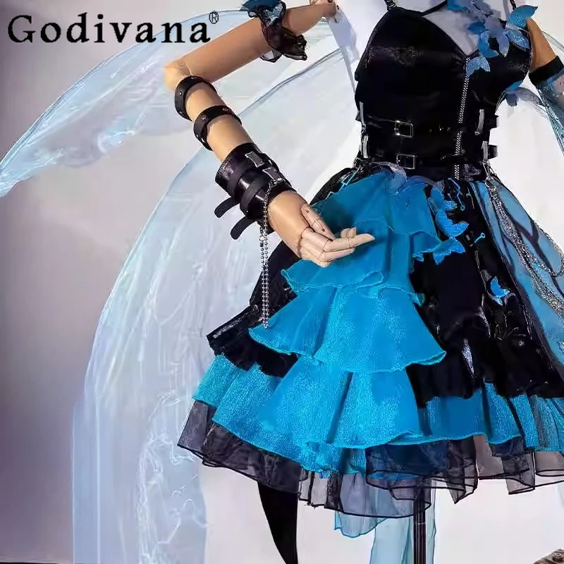 여성 할로윈 Cos 의류 드레스 세트 게임 애니메이션 블루 블랙 코스프레 정장 여성 나비 날개 소품 드레스 의상