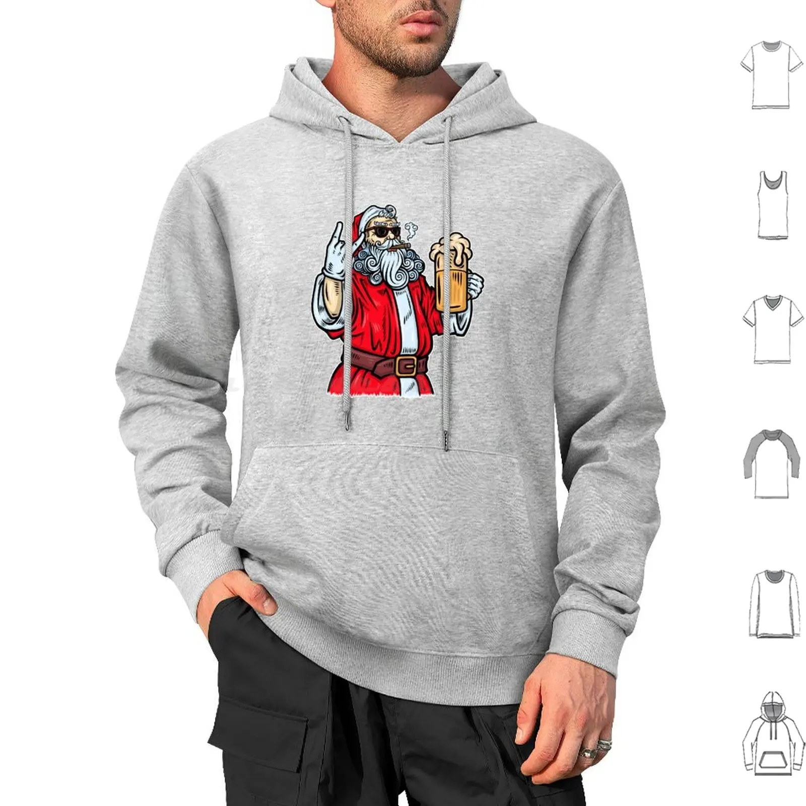 Bad Santa Claus , Rock , Beer And Cigar Hoodie cotton Long Sleeve Christmas Santa Claus Santa Funny Cartoon Toon Xmas