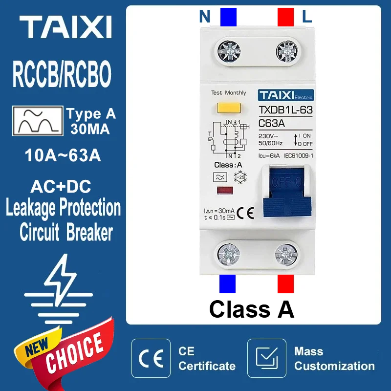 Residual Current Circuit Breaker Type A 30mA Rcbo MCB 1P+N 10A 16A 20A 32A 40A 63A Earth Leakage Overload Protection TAIXI
