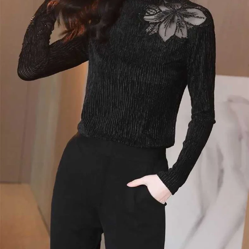 Women Autumn and Winter Fashion New Half-turtleneck Bottom Shirt Solid Color Embroidery Splicing Warm Versatile Long-sleeved Top