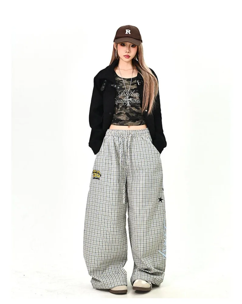 Women's Star Letter Embroidered Checkered Pants Summer Casual Bottoms Wide Leg Sweatpants Hip-hop Female High Waisted Trousers