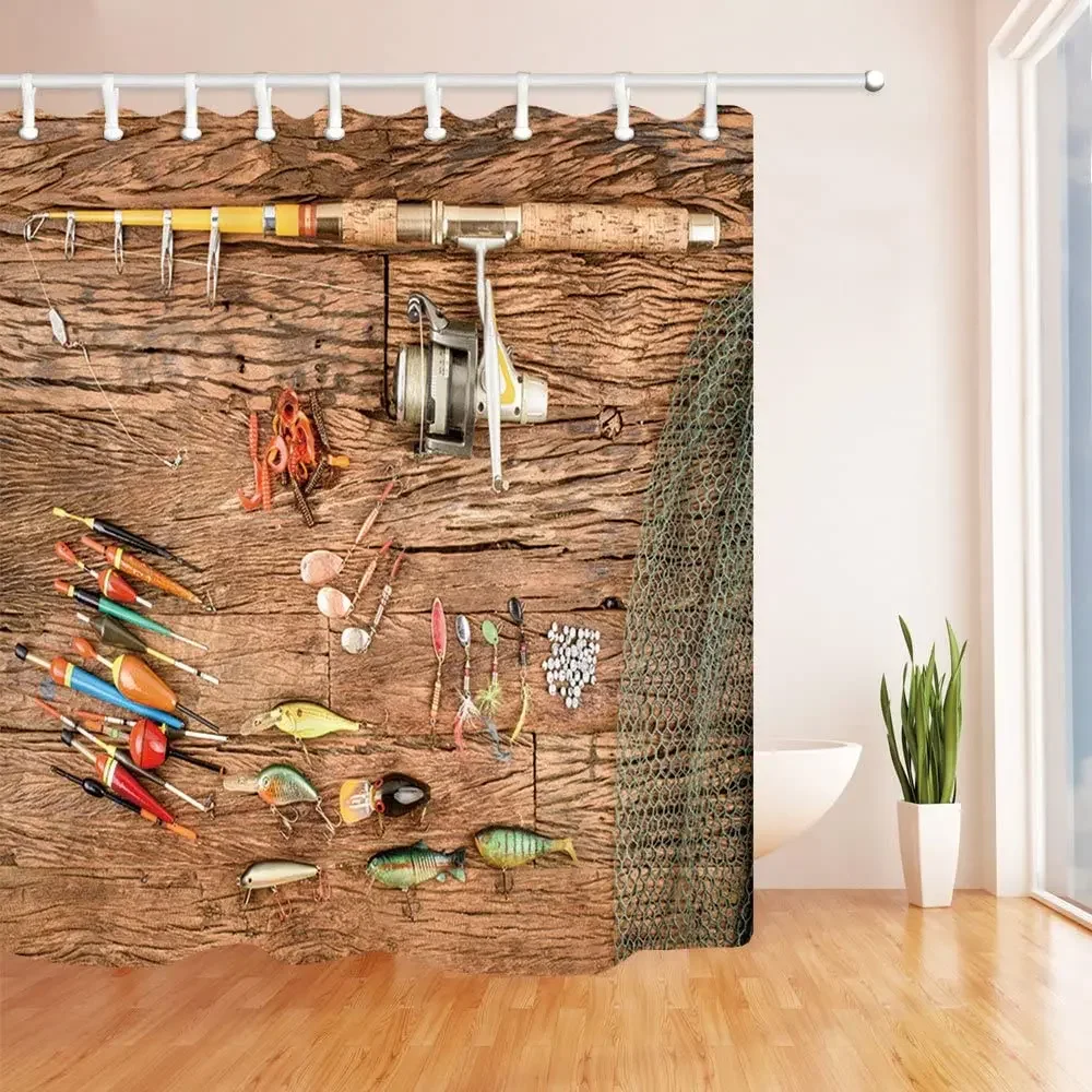 Fishing By Ho Me Lili Shower Curtains For Bathroom Rod With Lure On Ruistic Wooden Farm House Hooks Included