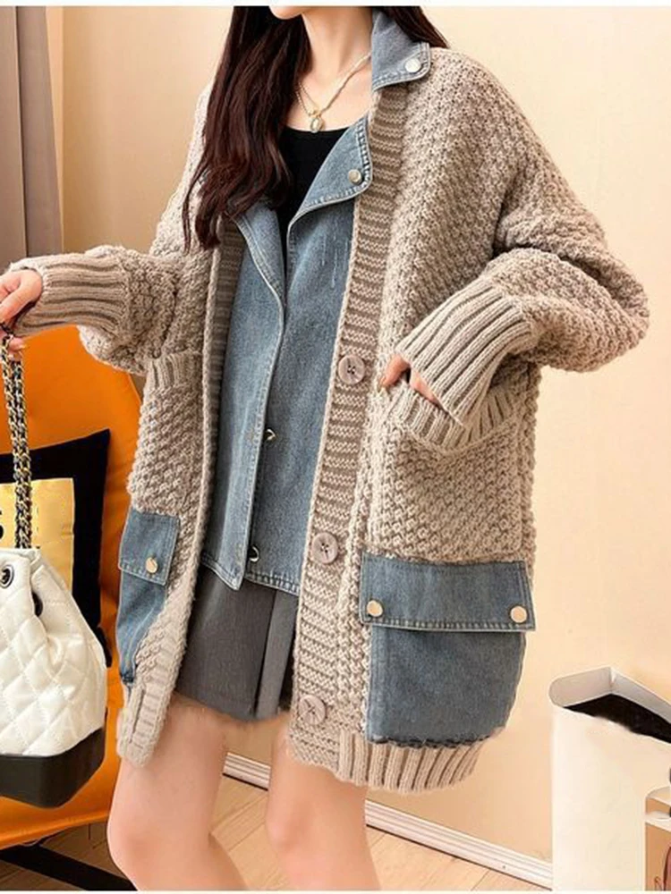 LANMREM Denim Patchwork Knitted Sweaters Women Single Breasted Loose Irregular Cardigan Female Clothing Autumn Winter 2DA9204