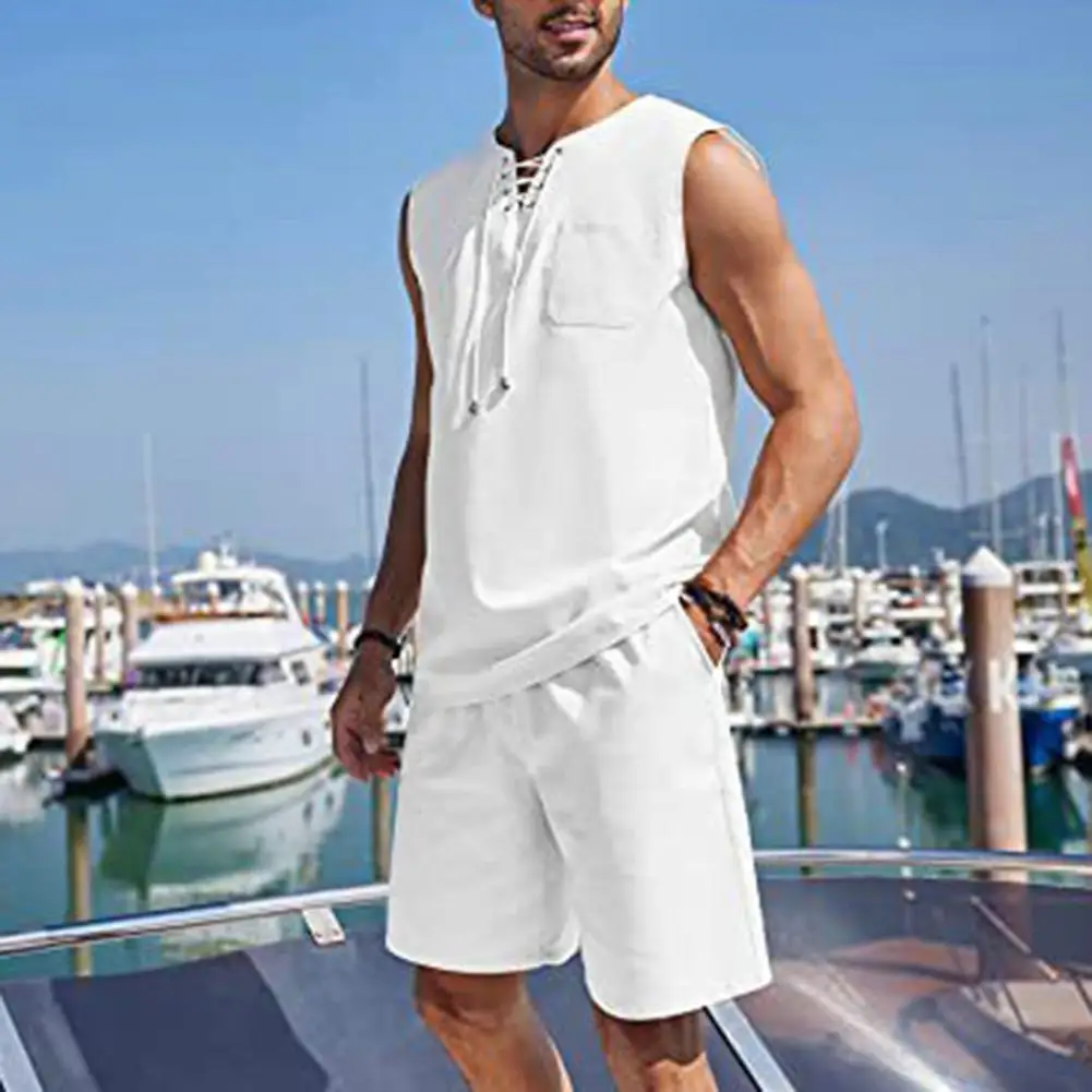 Men Solid Color Sportswear Men's Sportswear Set V Neck Vest Elastic Waist Shorts with Patch Pockets Breathable Quick Dry for Men