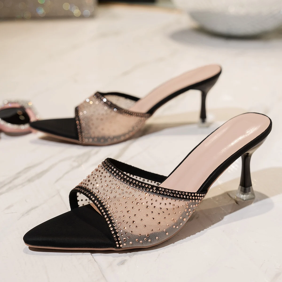 

Fashionable Versatile High Heel Slippers Pointed Toe Rhinestone Decorated One-piece Strap Sandals Casual Elegant Ladies Shoes