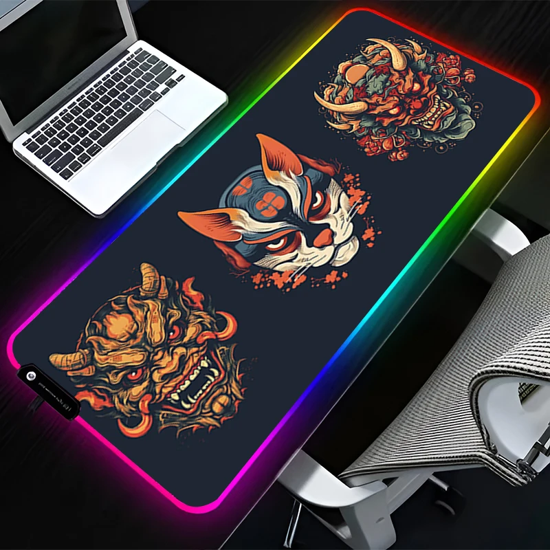 RGB LED Mouse Pad Computer Desk Accessories Mouse Mat Rubber HD Keyboard Pad Non Slip Mousepad Oni Hannya Samurai Mask Desk Mat