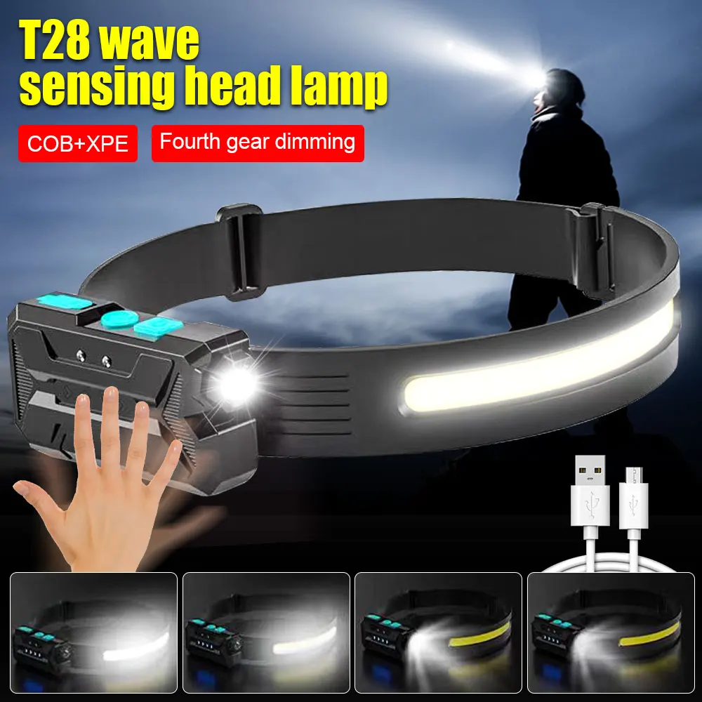 Induction Sensor Headlamp LED+COB Dual Light Source Wearing Torch Tyep-C Rechargeable Cycling Fishing Night Running Headlight