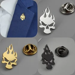 New flame skull men's lapel pin, stainless steel gold-plated badge, punk style suit accessories black brooch, gift for father