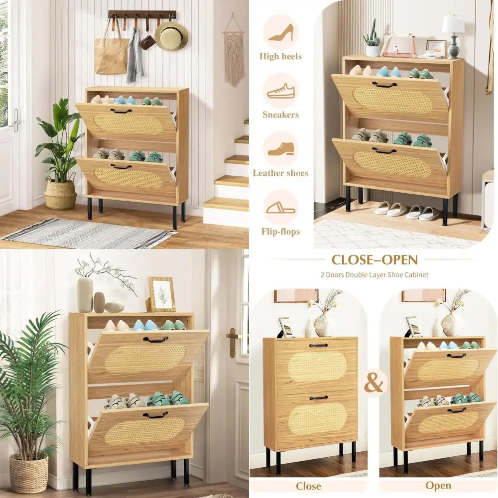 

Double-Tier Wooden Shoe Storage Cabinet with Lip-Out Drawers for Entryway, Hallway, and Living Room