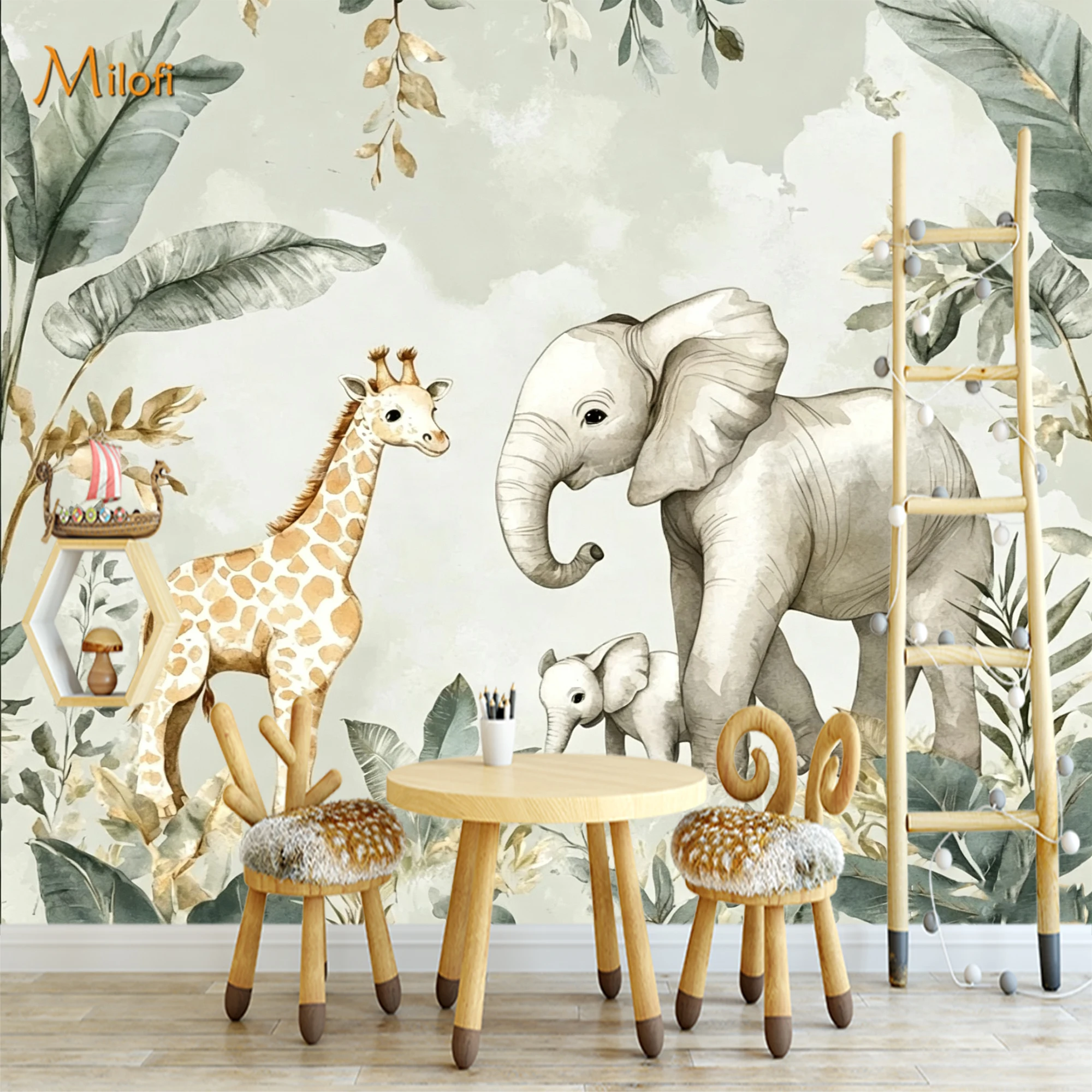Custom Watercolor Baby Safari Animals Wall Mural Elephant Giraffe Tropical Leaves Wallpaper Kids Nursery Peel and Stick Wall Dec