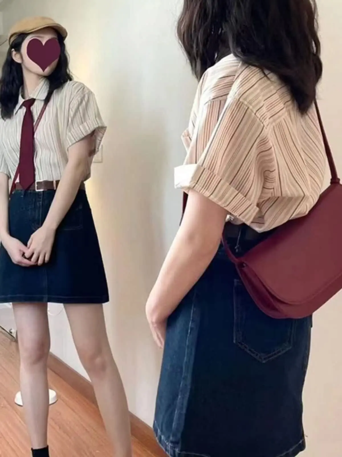 

Summer Vintage Striped Short Sleeve Women's Shirt Design Sensation Top Trendy Loose Fit Pure Color Versatile Style