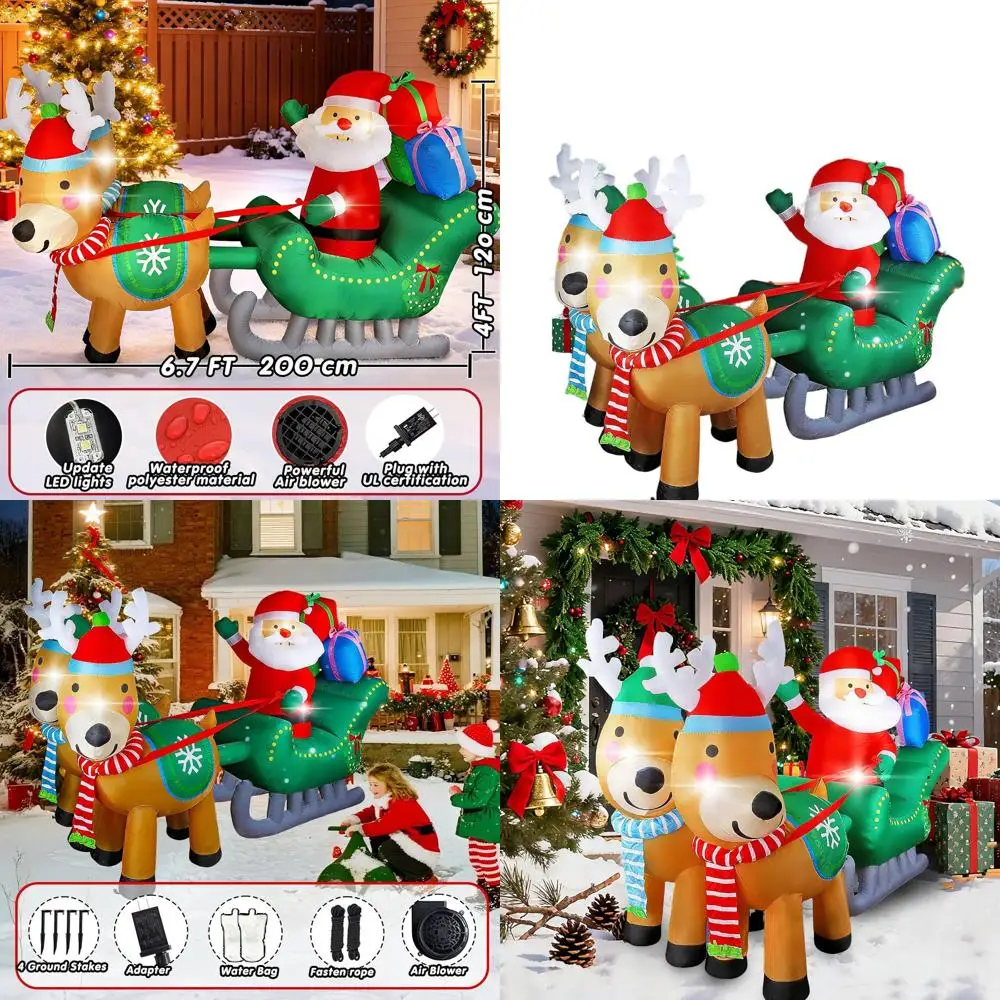 

Надувные сани Санта-Клауса длиной 6,7 фута с оленями, светодиодная подсветка, уличное рождественское украшение для двора, лужайки, крыльца